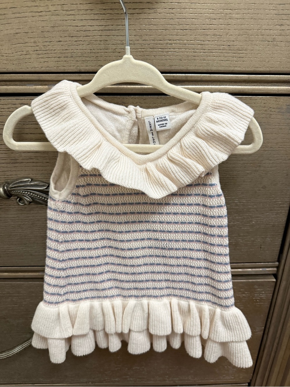 Janie and Jack Cream Knit Tank with Blue Stripe and Ruffle Trim